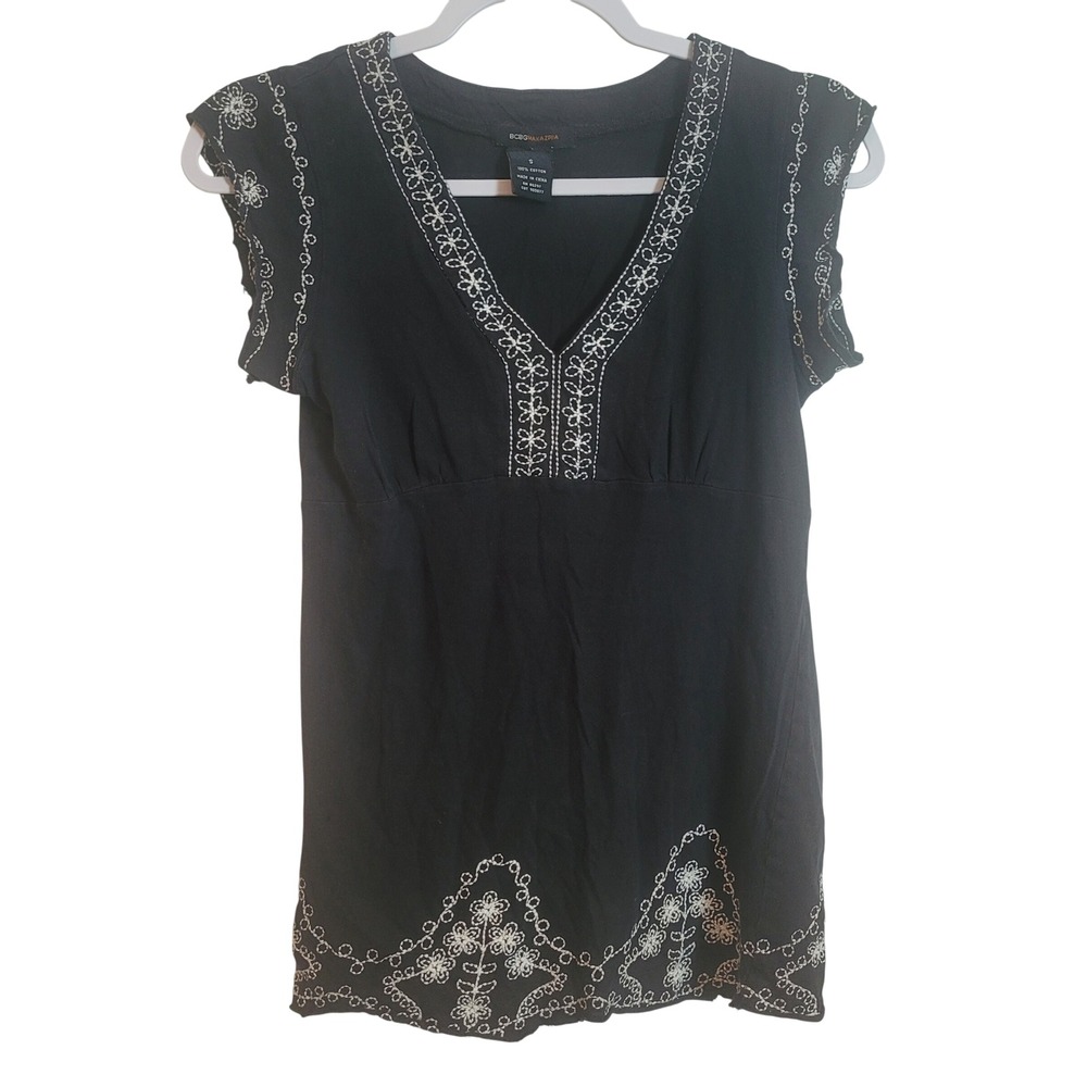 BCBGMAXAZRIA Black Embroidered V-Neck Cap Sleeve‎ Top Small Boho Y2K Whimsigoth